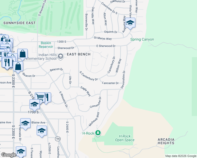 map of restaurants, bars, coffee shops, grocery stores, and more near 1332 South Canterbury Drive in Salt Lake City