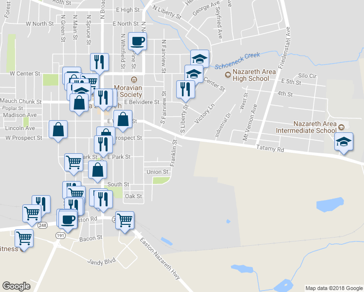 map of restaurants, bars, coffee shops, grocery stores, and more near 431 East Prospect Street in Nazareth