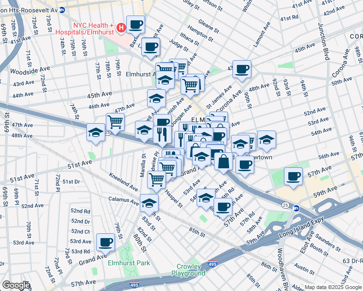 map of restaurants, bars, coffee shops, grocery stores, and more near in Queens