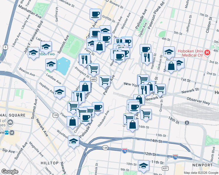 map of restaurants, bars, coffee shops, grocery stores, and more near 41 New York Avenue in Jersey City