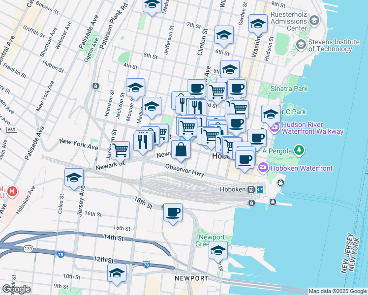 map of restaurants, bars, coffee shops, grocery stores, and more near 300 Newark Street in Hoboken