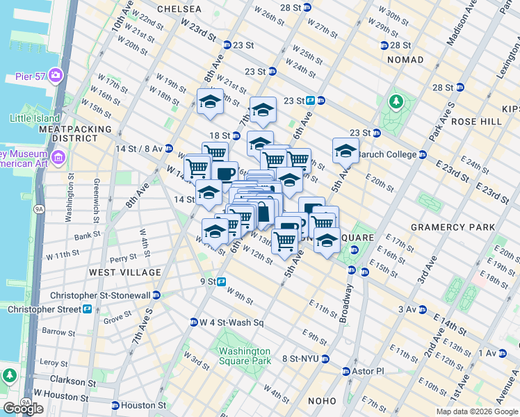 map of restaurants, bars, coffee shops, grocery stores, and more near 39 West 14th Street in New York