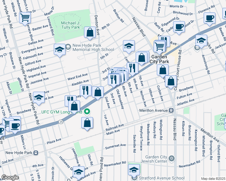 map of restaurants, bars, coffee shops, grocery stores, and more near 10 3rd Avenue in New Hyde Park