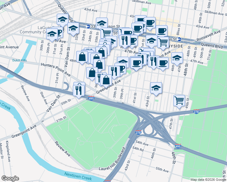 map of restaurants, bars, coffee shops, grocery stores, and more near 50-43 39th Street in Queens
