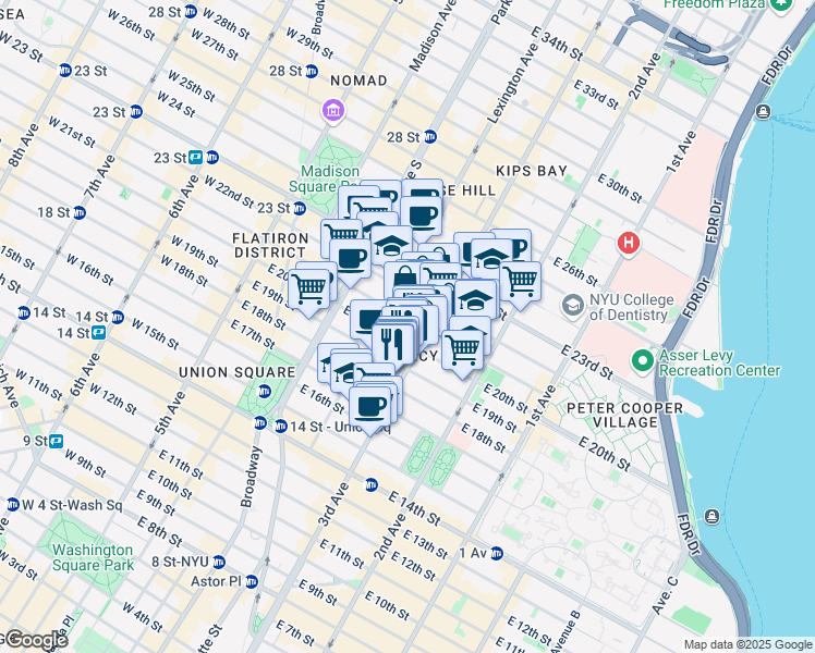 map of restaurants, bars, coffee shops, grocery stores, and more near in New York