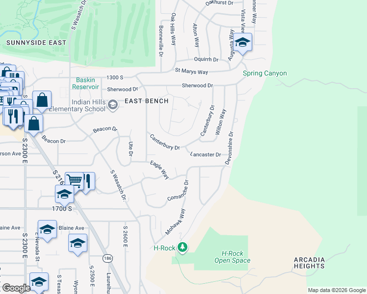 map of restaurants, bars, coffee shops, grocery stores, and more near 1404 South Canterbury Drive in Salt Lake City