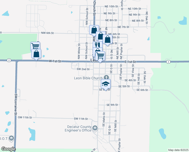 map of restaurants, bars, coffee shops, grocery stores, and more near 304-530 Southwest Church Street in Leon