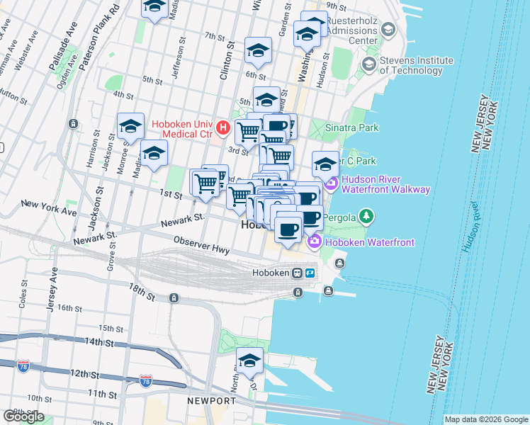 map of restaurants, bars, coffee shops, grocery stores, and more near 61 Washington Street in Hoboken