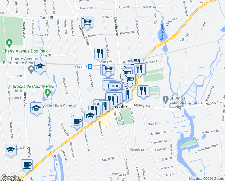 map of restaurants, bars, coffee shops, grocery stores, and more near 113 Railroad Avenue in Sayville