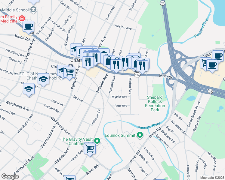 map of restaurants, bars, coffee shops, grocery stores, and more near 67 Summit Avenue in Chatham