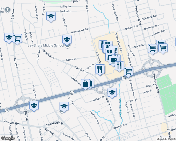 map of restaurants, bars, coffee shops, grocery stores, and more near 325 Brook Avenue in Bay Shore