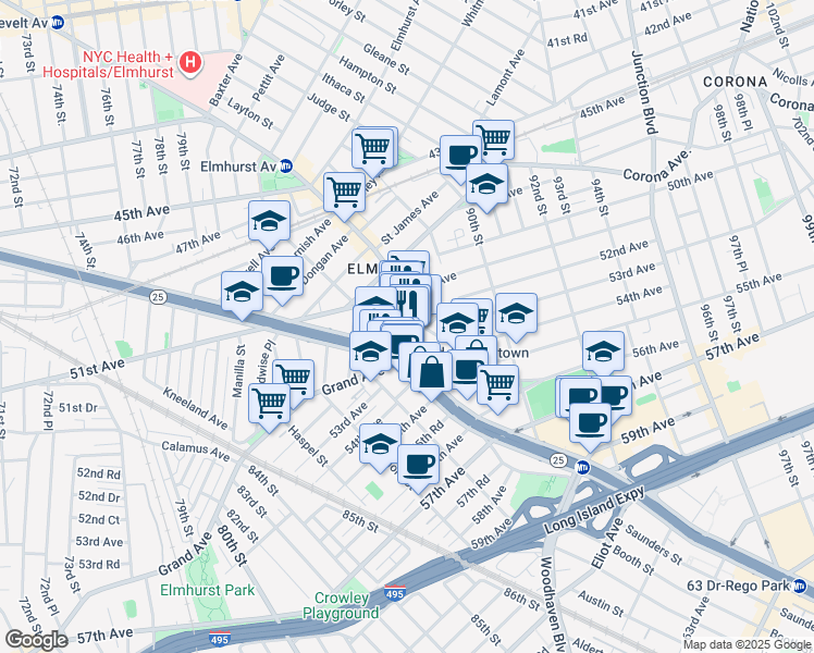 map of restaurants, bars, coffee shops, grocery stores, and more near 8629 Broadway in Queens