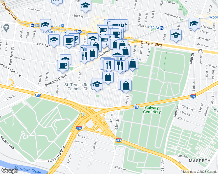 map of restaurants, bars, coffee shops, grocery stores, and more near 50-12 46th Street in Queens