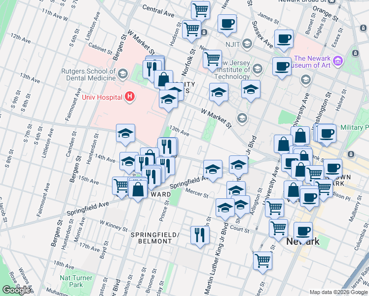 map of restaurants, bars, coffee shops, grocery stores, and more near 59 South Orange Avenue in Newark