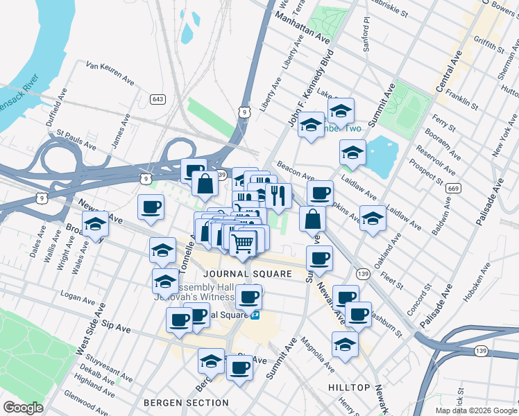 map of restaurants, bars, coffee shops, grocery stores, and more near 3040 John F. Kennedy Boulevard in Jersey City
