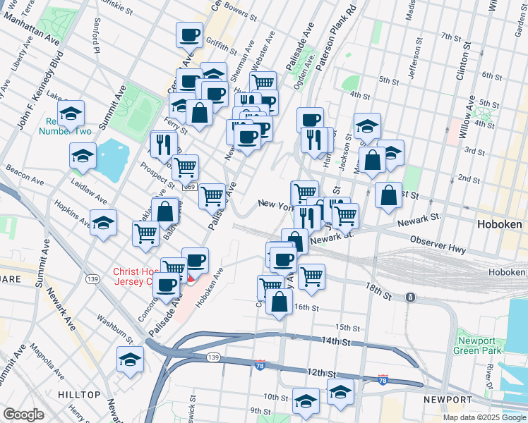 map of restaurants, bars, coffee shops, grocery stores, and more near 39 New York Avenue in Jersey City