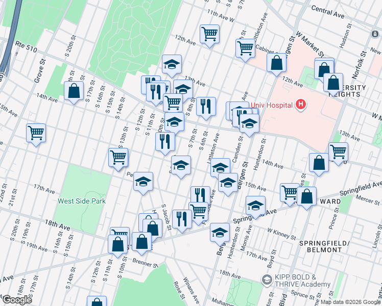 map of restaurants, bars, coffee shops, grocery stores, and more near 442 15th Avenue in Newark