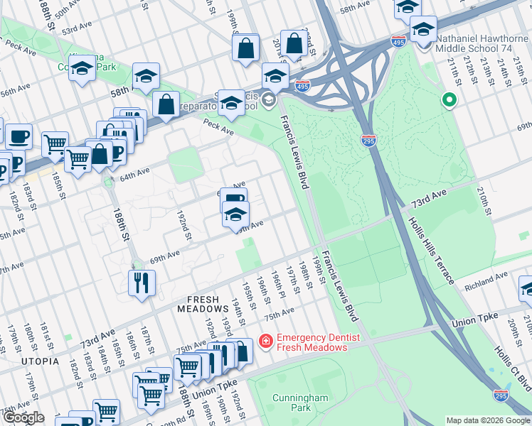 map of restaurants, bars, coffee shops, grocery stores, and more near 69-08 197th Street in Queens