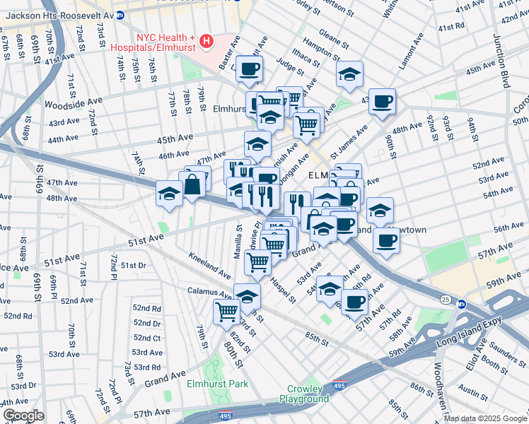 map of restaurants, bars, coffee shops, grocery stores, and more near in Queens