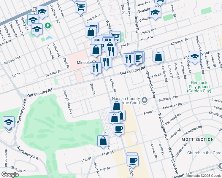 map of restaurants, bars, coffee shops, grocery stores, and more near 1501 Franklin Avenue in Mineola