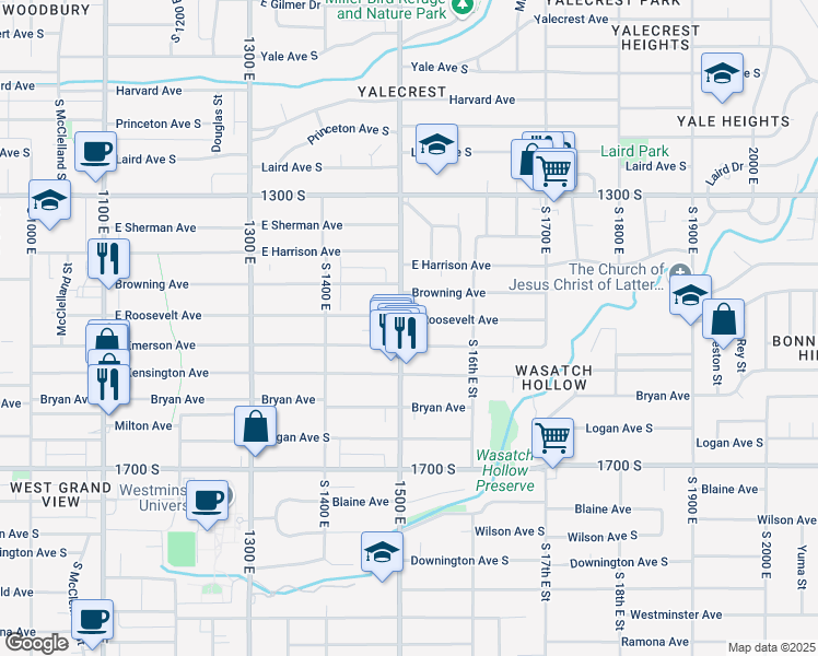 map of restaurants, bars, coffee shops, grocery stores, and more near 1500 South 15th East Street in Salt Lake City