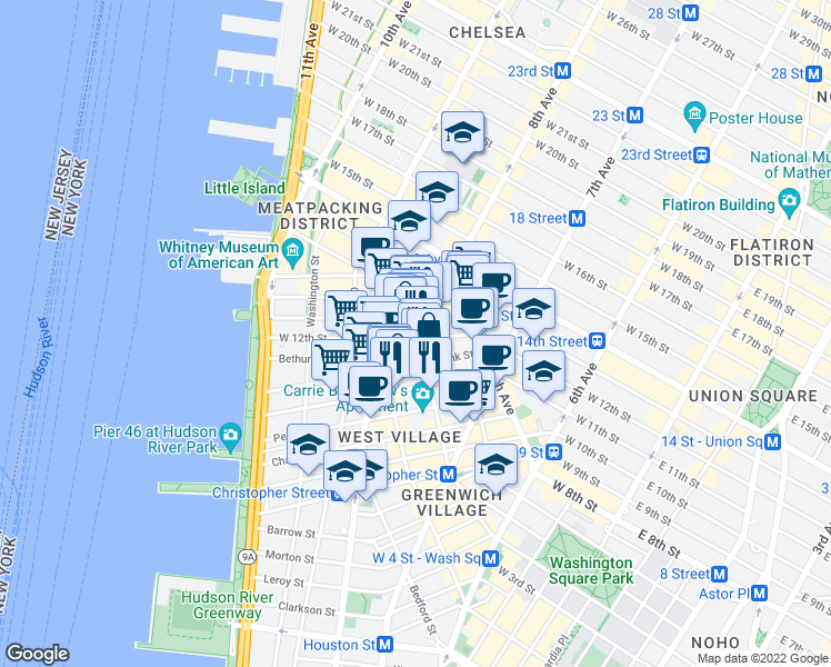 map of restaurants, bars, coffee shops, grocery stores, and more near 285 West 12th Street in New York
