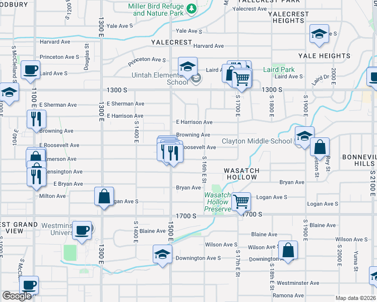 map of restaurants, bars, coffee shops, grocery stores, and more near 1564 East Emerson Avenue in Salt Lake City
