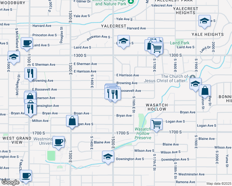 map of restaurants, bars, coffee shops, grocery stores, and more near 1500 South 15th East Street in Salt Lake City