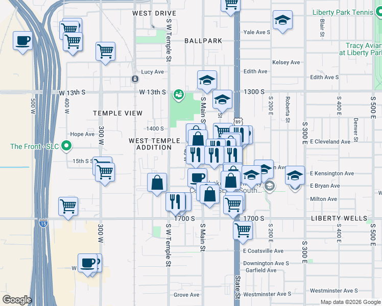 map of restaurants, bars, coffee shops, grocery stores, and more near 1491 Richards Street in Salt Lake City