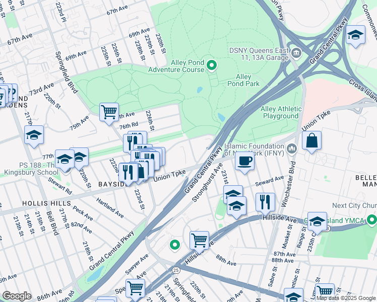 map of restaurants, bars, coffee shops, grocery stores, and more near 78-40 Cloverdale Boulevard in Queens