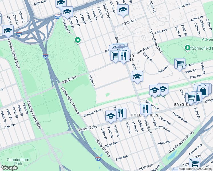 map of restaurants, bars, coffee shops, grocery stores, and more near 211-02 75th Avenue in Queens