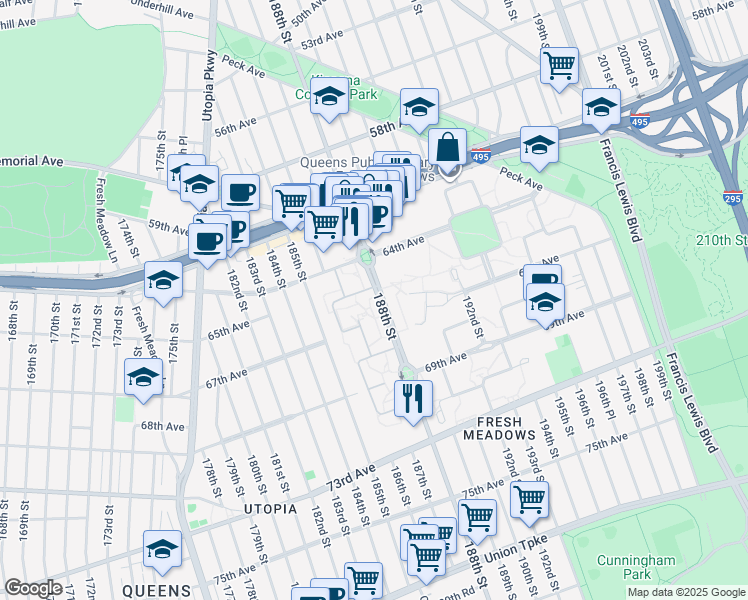 map of restaurants, bars, coffee shops, grocery stores, and more near 67-2-67-24 188th St in Queens