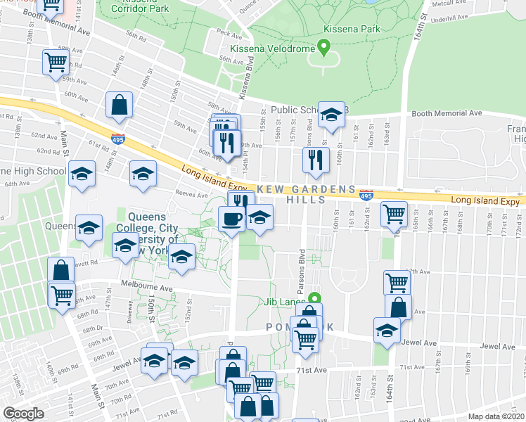 map of restaurants, bars, coffee shops, grocery stores, and more near 154-28 65th Avenue in Queens