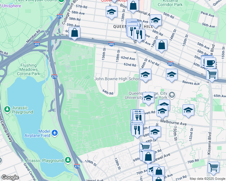map of restaurants, bars, coffee shops, grocery stores, and more near 137-22 64th Road in Queens
