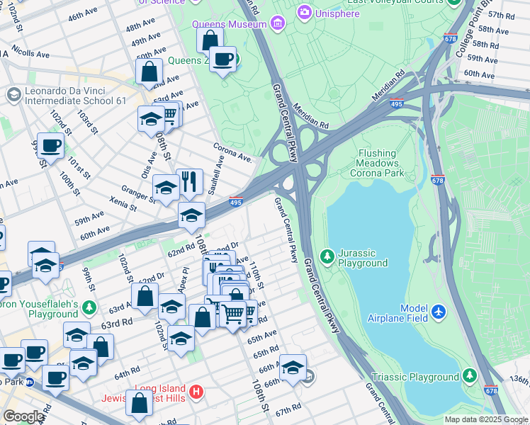 map of restaurants, bars, coffee shops, grocery stores, and more near 110-23 62nd Drive in Queens
