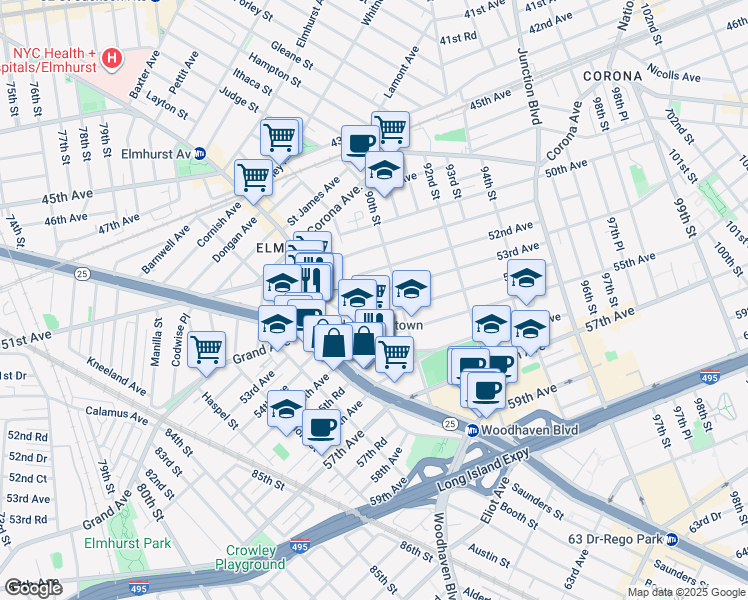 map of restaurants, bars, coffee shops, grocery stores, and more near 88-10 54th Avenue in Queens