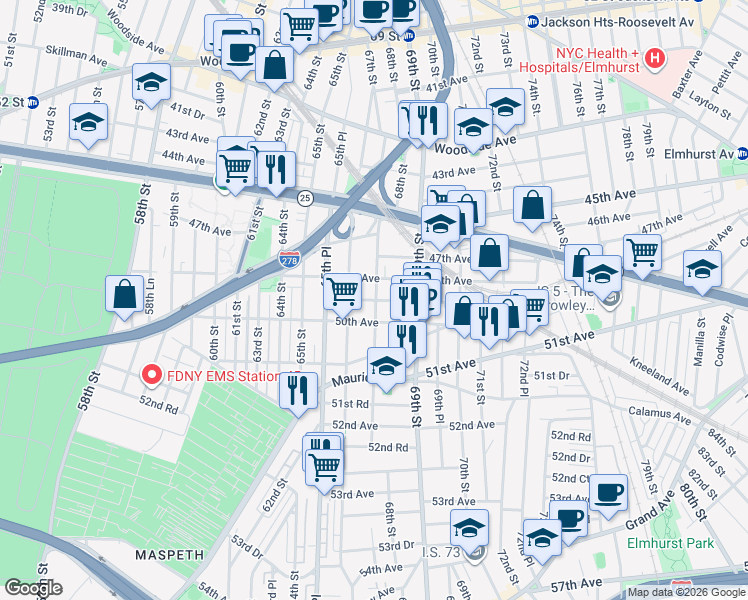 map of restaurants, bars, coffee shops, grocery stores, and more near in Queens