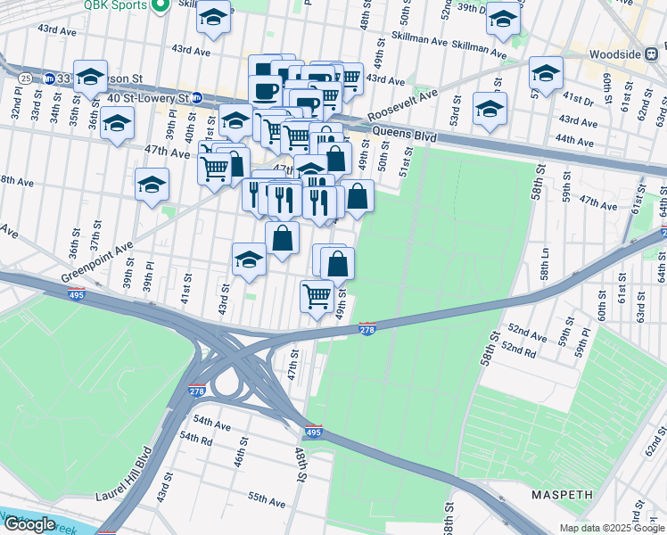 map of restaurants, bars, coffee shops, grocery stores, and more near 50-2 49th Street in Queens