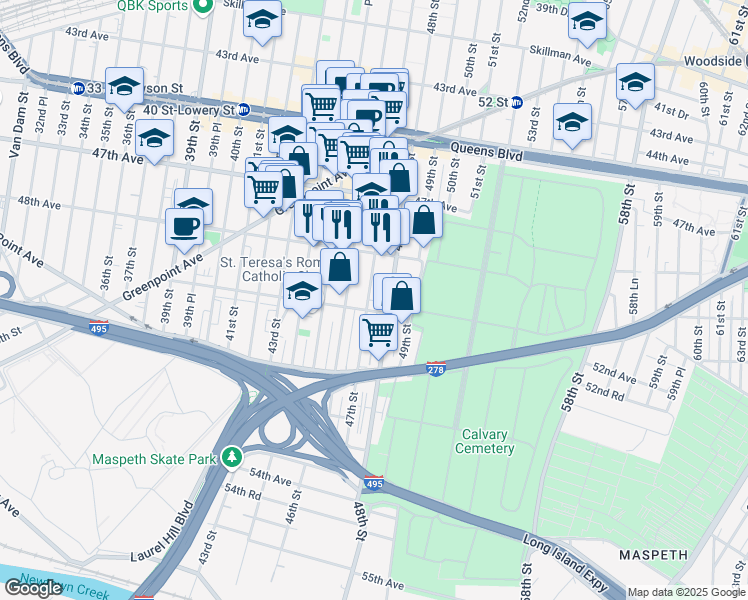 map of restaurants, bars, coffee shops, grocery stores, and more near 50-06 48th Street in Queens