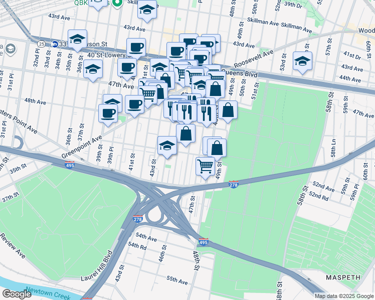 map of restaurants, bars, coffee shops, grocery stores, and more near 50-12 46th Street in Queens