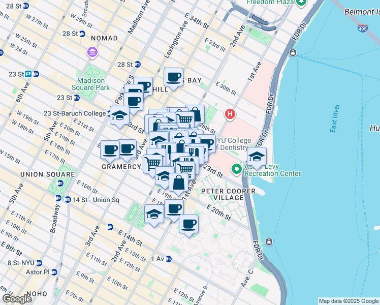 map of restaurants, bars, coffee shops, grocery stores, and more near 320 East 23rd Street in New York