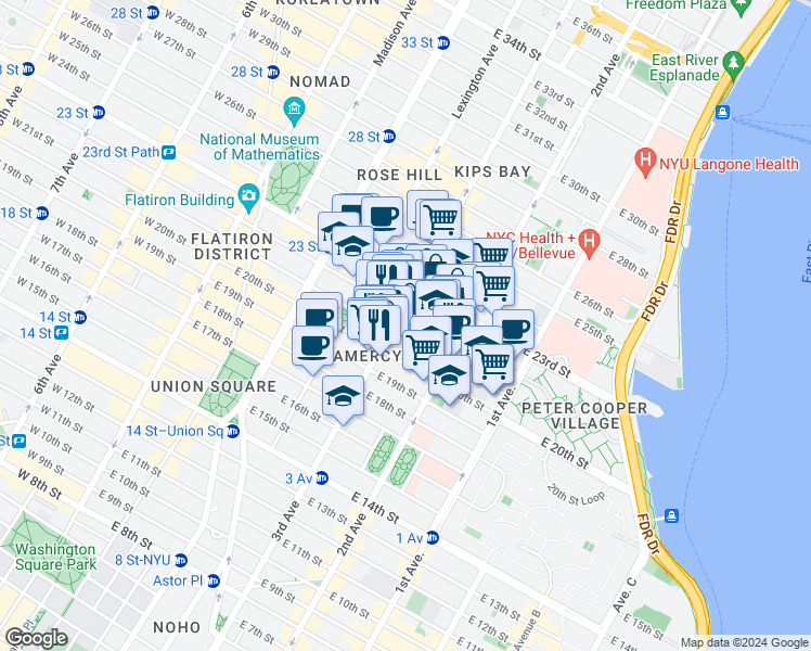 map of restaurants, bars, coffee shops, grocery stores, and more near 224 East 21st Street in New York