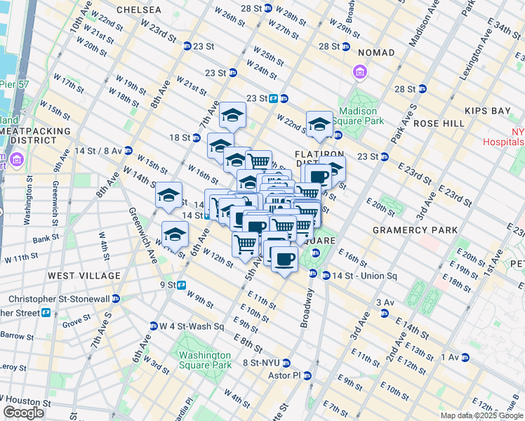 map of restaurants, bars, coffee shops, grocery stores, and more near 110 5th Avenue in New York