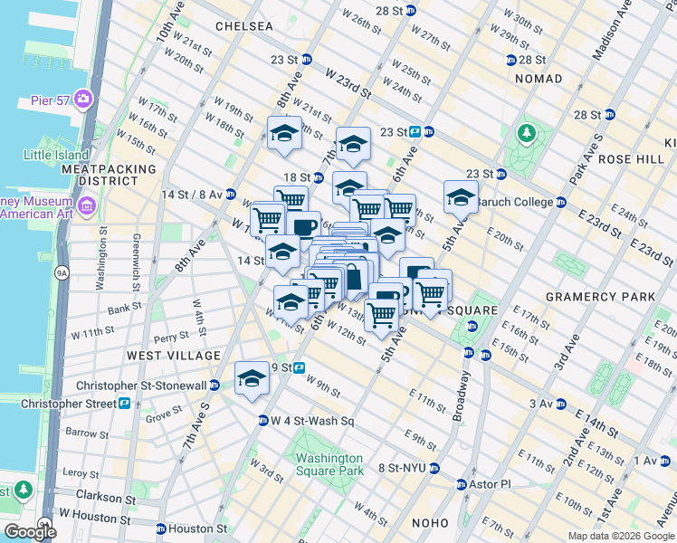 map of restaurants, bars, coffee shops, grocery stores, and more near 39 West 14th Street in New York