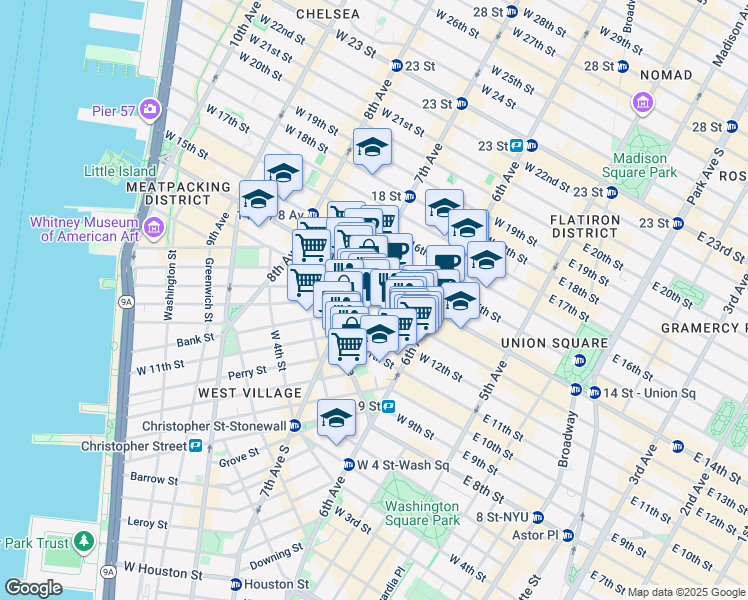 map of restaurants, bars, coffee shops, grocery stores, and more near 157 West 12th Street in New York