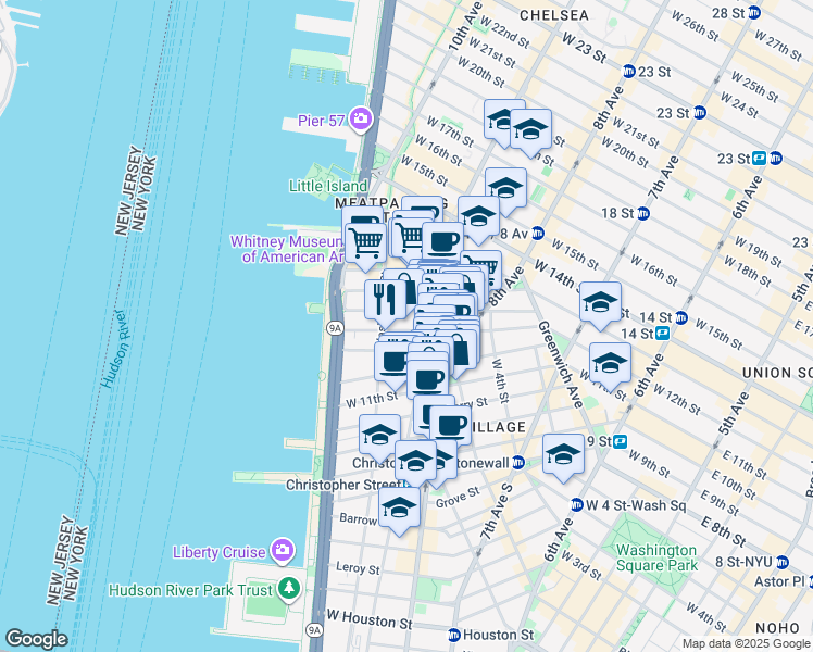 map of restaurants, bars, coffee shops, grocery stores, and more near 20 Bethune Street in New York