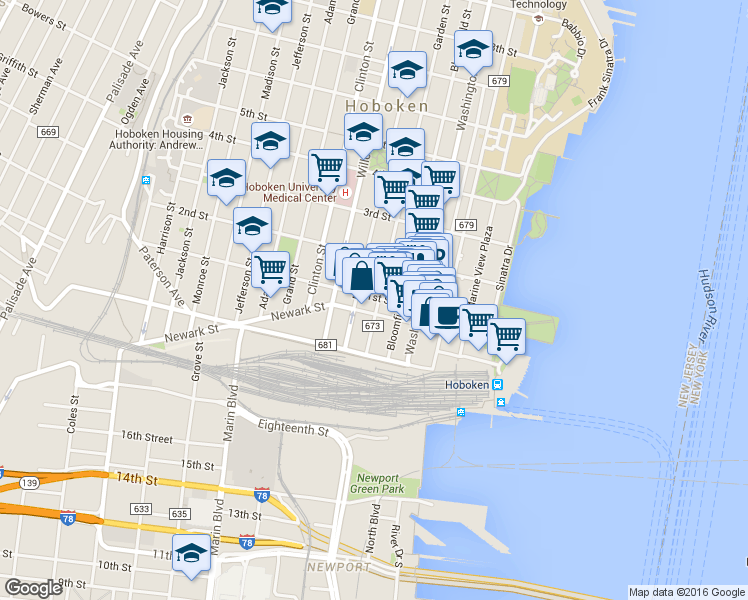 map of restaurants, bars, coffee shops, grocery stores, and more near 163 Newark Street in Hoboken