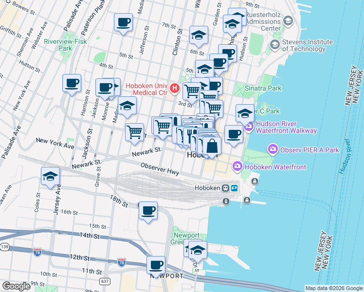 map of restaurants, bars, coffee shops, grocery stores, and more near 163 Newark Street in Hoboken