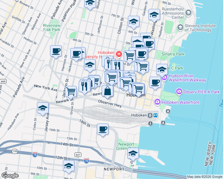 map of restaurants, bars, coffee shops, grocery stores, and more near in Hoboken
