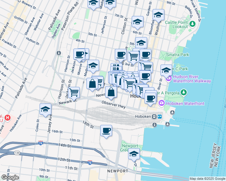 map of restaurants, bars, coffee shops, grocery stores, and more near 300 Observer Highway in Hoboken